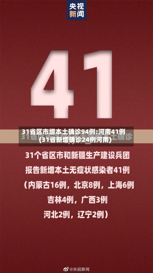 31省区市增本土确诊94例:河南41例(31省新增确诊24例河南)